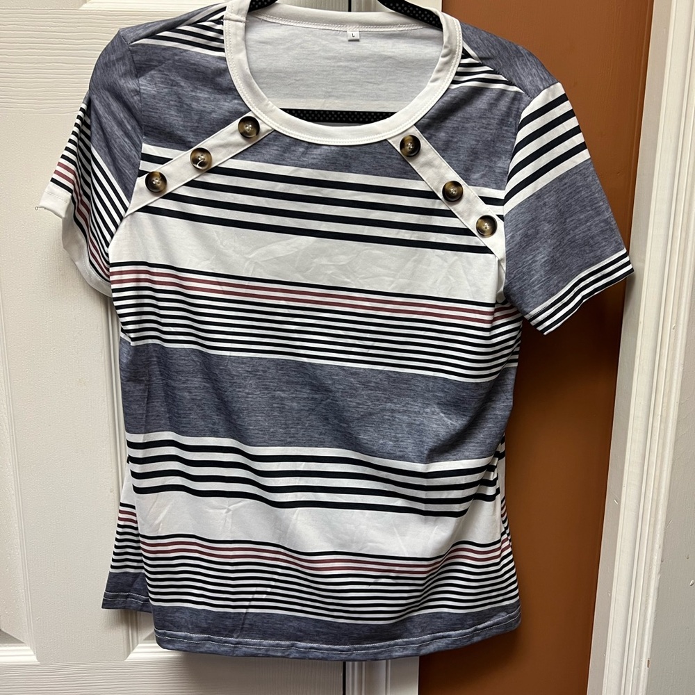 Navy and White Striped Women's Tee with Button Accents